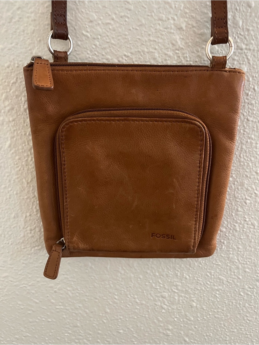 Fossil Tan Leather Small Crossbody Bag with Front Zip Pocket